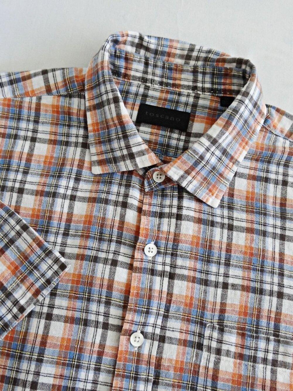 TOSCANO Men's XXL Linen Cotton Plaid Short Sleeve Button Up Shirt Orange Blue